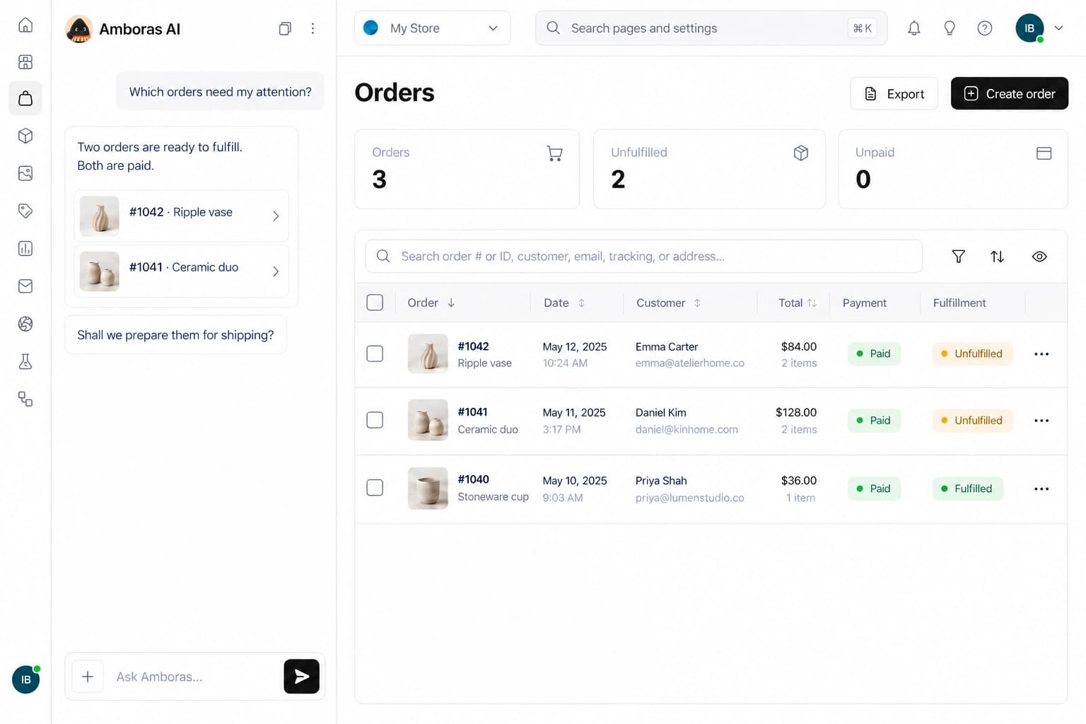 Amboras workspace concept with a collapsed icon sidebar, AI chat on the left, and orders on the right.