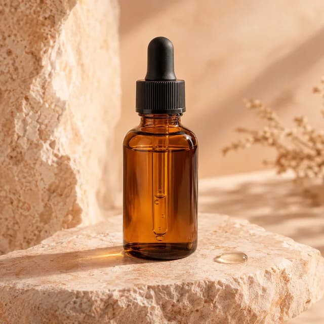 Amber skincare bottle with warm studio lighting