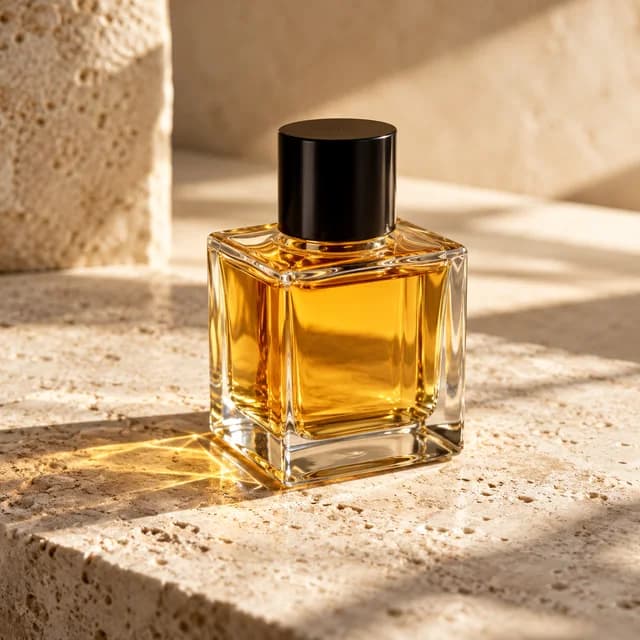 Glass perfume bottle with a considered studio backdrop