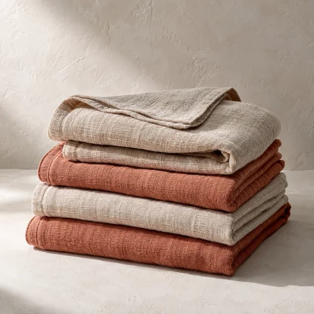 Folded linen towels in a warm interior setting