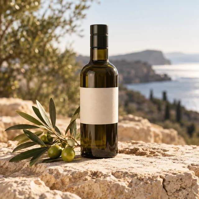 Olive oil bottle in a natural tabletop setting