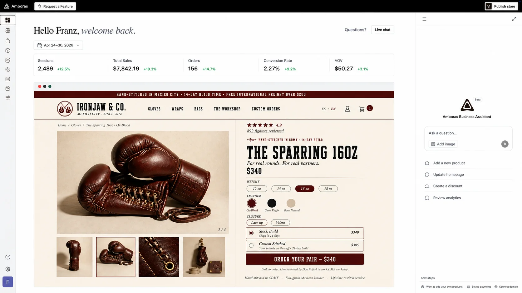 Amboras admin with store metrics, storefront preview, and the Business Assistant